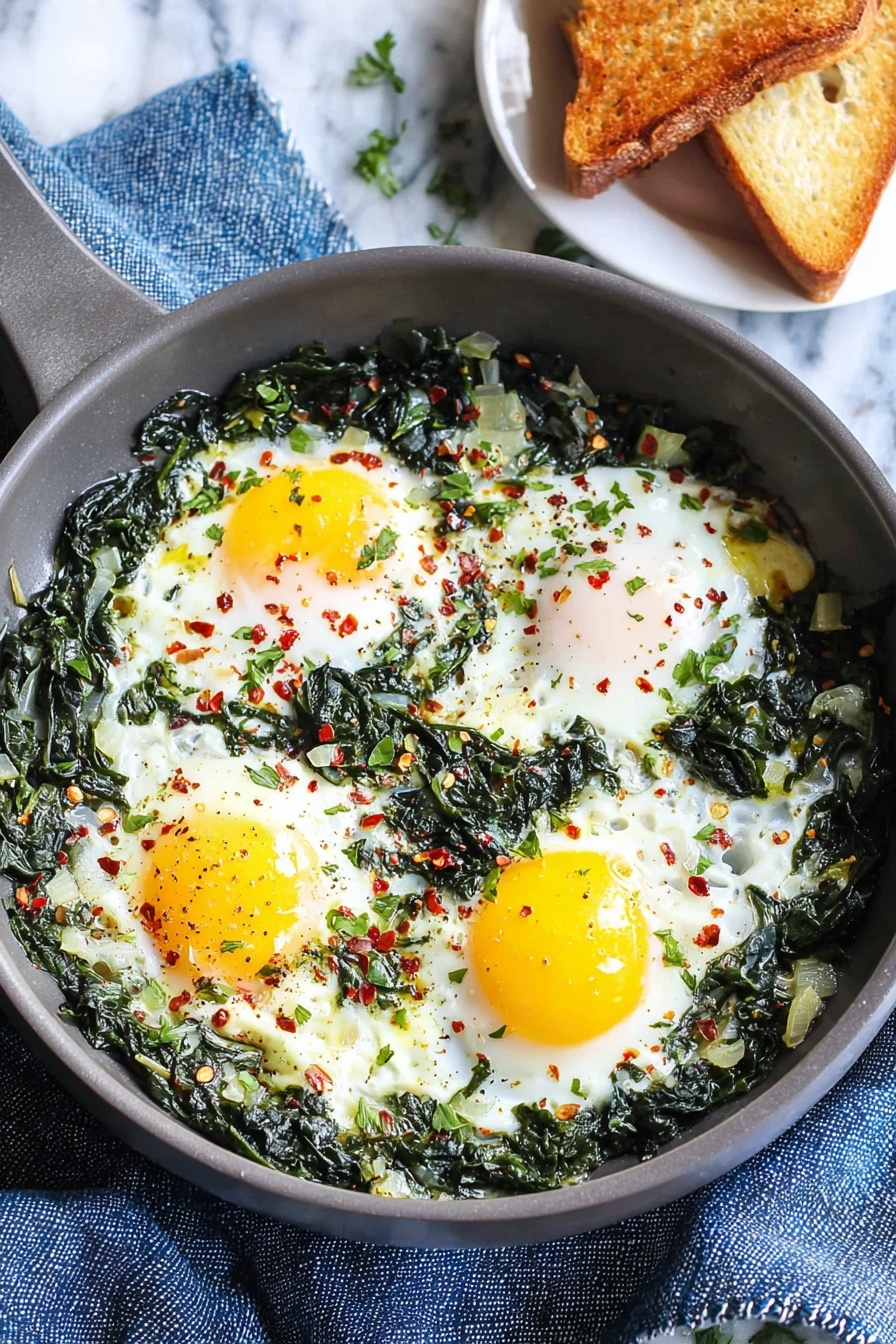 A dark gray skillet contains three cooked eggs, each with a bright yellow yolk surrounded by soft white whites. The eggs are nestled in a bed of cooked dark green spinach leaves mixed with small bits of onion or garlic. The dish is sprinkled with small pieces of fresh green herbs and red chili flakes, adding pops of red and green on top of the eggs. The skillet rests on a blue cloth over a white marbled surface. In the background, a white plate holds two pieces of golden-brown toasted bread. Photo taken with an iphone --ar 2:3 --v 7 - Creamy Spinach Egg Skillet, creamy spinach egg dish, easy healthy breakfast, weekend brunch recipes, quick spinach egg skillet