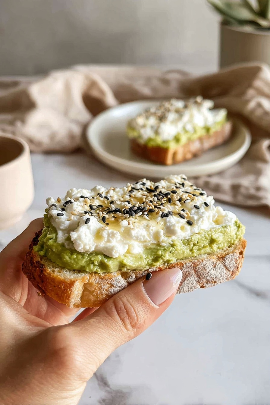 A woman's hand is holding a slice of toasted bread topped with two thick layers: the bottom layer is a creamy, bright green spread with a slightly chunky texture, and the top layer is a white, bumpy cottage cheese, sprinkled with small black and white sesame seeds and a light drizzle of honey. In the background, there is a matching slice placed on a white plate and a beige cloth is softly draped. The scene is set on a white marbled surface with soft natural light coming from the left side, highlighting the textures and colors. photo taken with an iphone --ar 2:3 --v 7 - Creamy Cottage Cheese Avocado Toast, healthy breakfast ideas, easy avocado toast, quick snack recipes, protein-packed breakfast