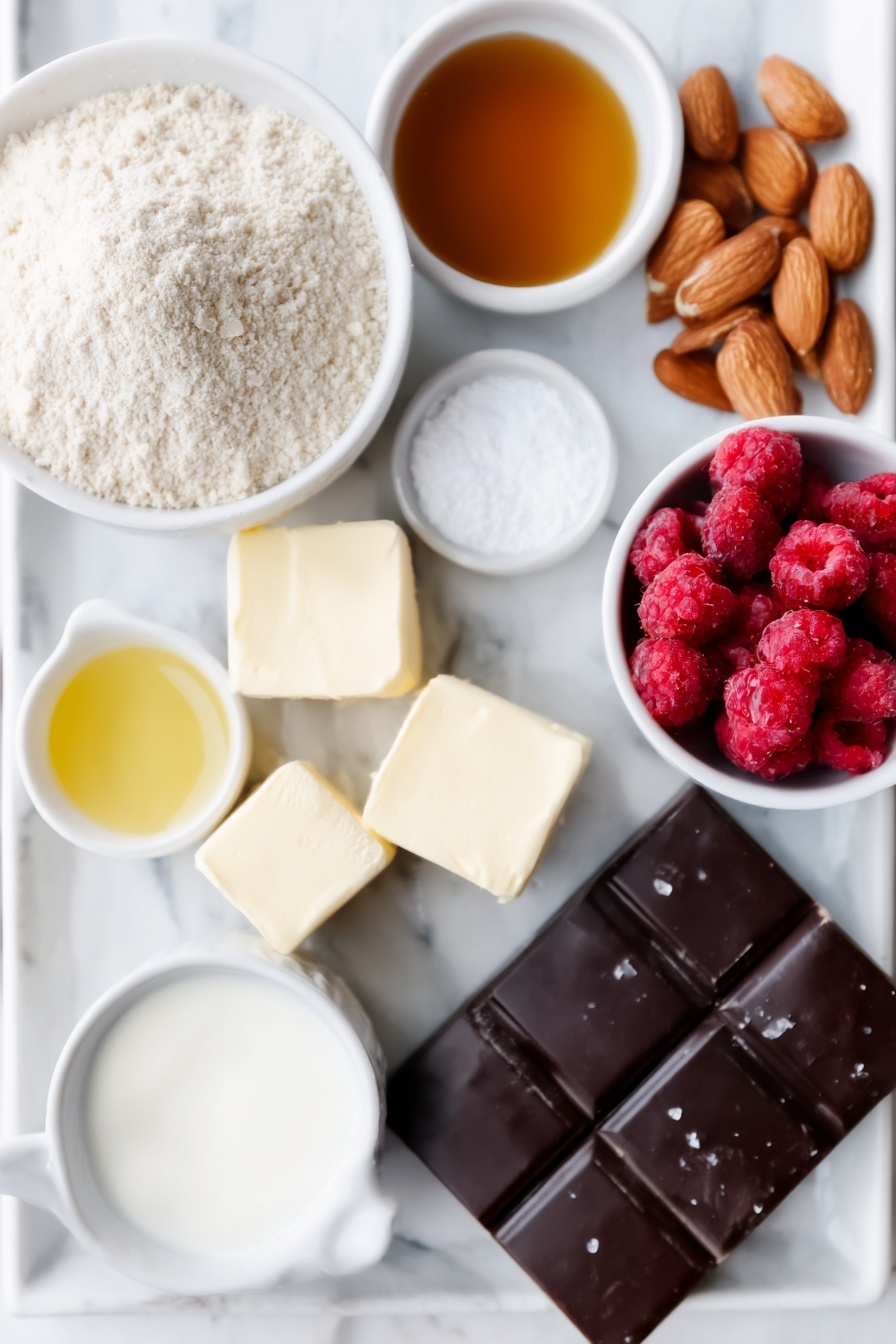 Flat lay of a small mound of light beige gluten-free all purpose flour, a heap of pale brown ground almonds, a few chunks of creamy yellow vegan butter, a small white bowl filled with amber maple syrup, a pinch of coarse sea salt crystals, a cluster of fresh bright red raspberries, a small white bowl of pale yellow lemon juice, a small white bowl with fine white agar-agar powder, a dollop of smooth pale beige cashew butter, a small white bowl with melted golden coconut oil, a small white bowl of thick white coconut cream, a small white bowl of dark vanilla extract, a small white bowl of coarse sea salt, a block of shiny dark vegan chocolate, and a small white bowl of vibrant crimson freeze-dried raspberries placed on a clean white marble surface, soft natural light, photo taken with an iPhone, professional food photography style, fresh ingredients, white ceramic bowls, no bottles, no duplicates, no utensils, no packaging --ar 2:3 --v 7 --p m7354615311229779997 - Raspberry Caramel Millionaires Shortbread, Raspberry Caramel Shortbread, Raspberry Caramel Bars, Raspberry Shortbread Dessert, Caramel Raspberry Treats