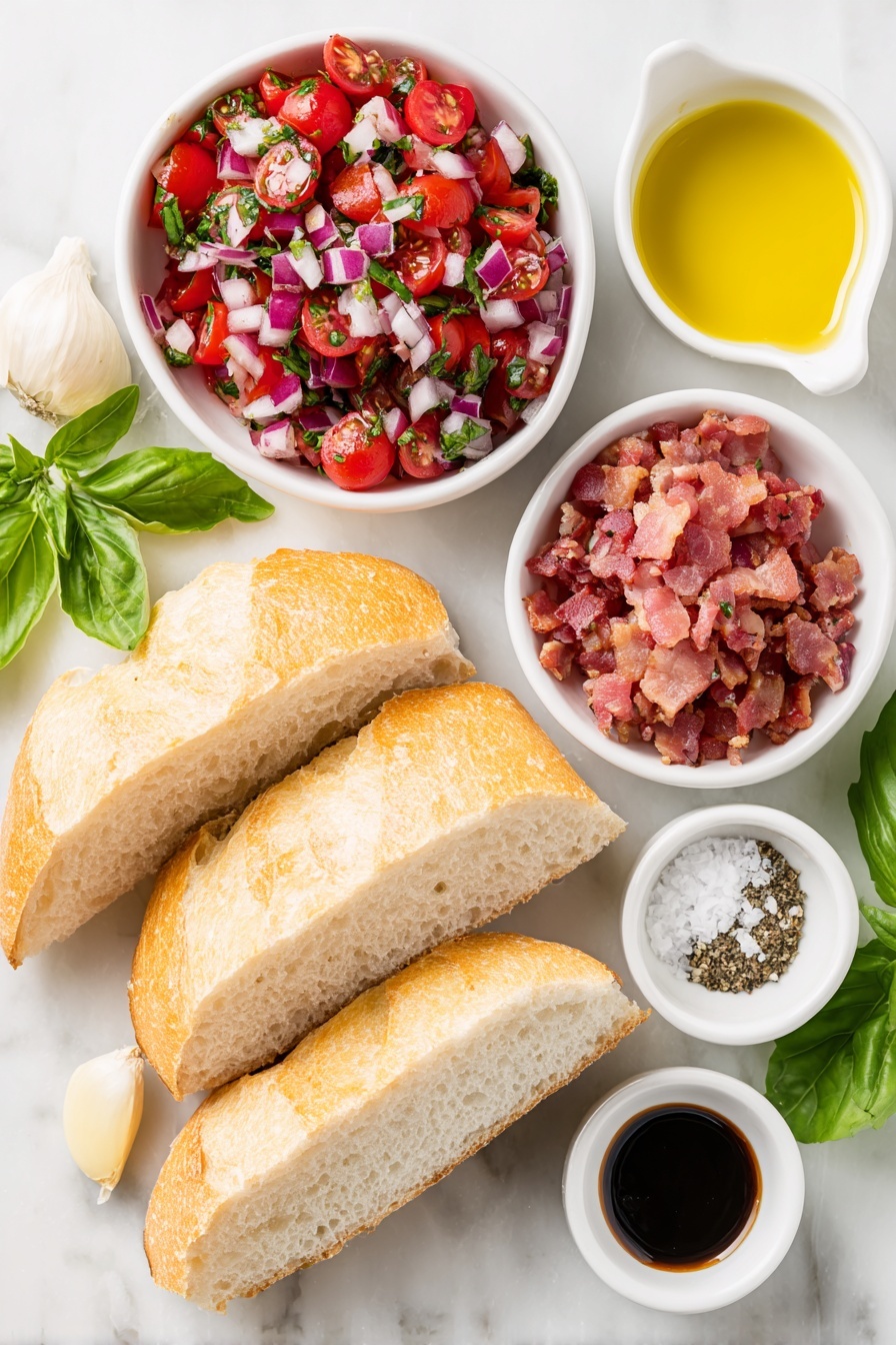 Flat lay of a few crisp slices of French baguette, a small white bowl filled with bright red diced cherry tomatoes, finely chopped half of a red onion, a handful of fresh green basil leaves roughly chopped, four slices of cooked bacon crumbled into pieces, a small white bowl with golden olive oil, one whole unpeeled garlic clove, a small white bowl containing coarse salt, another small white bowl with cracked black pepper, and a small white bowl of dark glossy balsamic glaze, all arranged symmetrically on a clean white marble surface, soft natural light, photo taken with an iPhone, professional food photography style, fresh ingredients, white ceramic bowls, no bottles, no duplicates, no utensils, no packaging --ar 2:3 --v 7 --p m7354615311229779997 - Tomato Bacon Bruschetta, Tomato Bacon Appetizer, Easy Bruschetta Recipe, Quick Tomato Snack, Bacon Tomato Bites