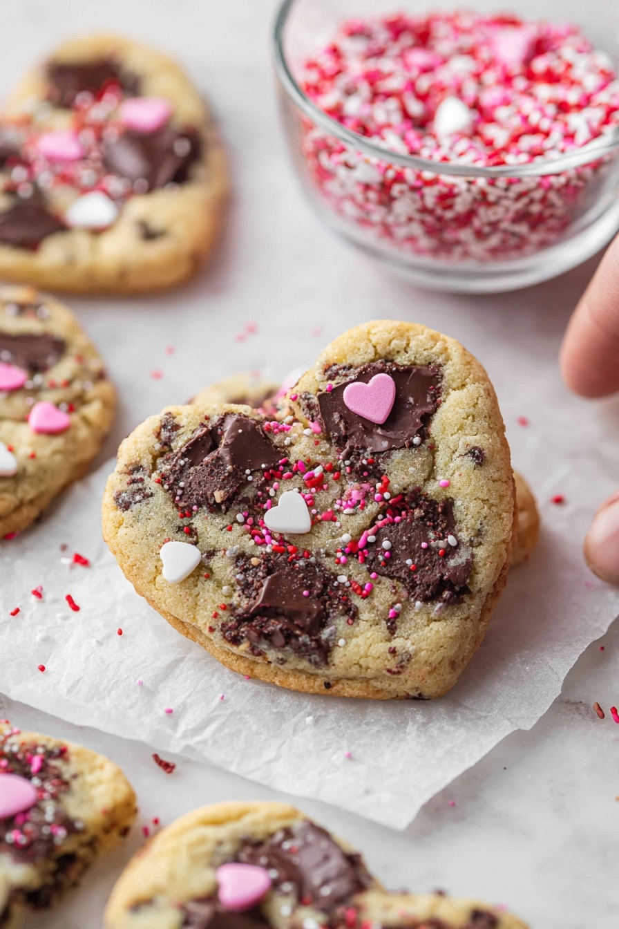 A close-up view of heart-shaped cookies with a golden-brown base filled with dark melted chocolate chunks scattered on top and inside the cookies. The cookies have small pink, red, and white heart and round sprinkles sprinkled over them giving a festive look. In the background, a clear glass bowl filled with various pink, white, and red sprinkles sits on a white marbled surface alongside the cookies, and a piece of white parchment paper is underneath some of the cookies. The scene is softly lit with a clean, bright, and warm tone. photo taken with an iphone --ar 2:3 --v 7 - Heart-Shaped Chocolate Chip Cookies, Valentine's Day cookies, easy heart cookies, chewy chocolate chip cookies, beginner baking treats