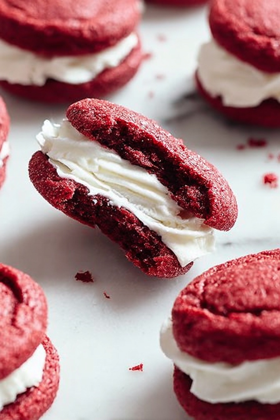 The image shows several red velvet sandwich cookies on a white marbled surface. Each cookie has two soft, round red layers that are textured and slightly crumbly. Between the two red layers, there is a thick, smooth, white cream filling. One cookie is broken in half, with the broken part resting on the white marbled surface, clearly revealing the white cream inside. The cookies are arranged in a casual, scattered way, some closer and some farther in the background. The lighting is soft and natural, highlighting the rich red color and creamy filling. Photo taken with an iphone --ar 2:3 --v 7 - Red Velvet Rose Cookies, Valentine cookies, Rose-shaped cookies, Soft red velvet cookies, Elegant dessert recipes