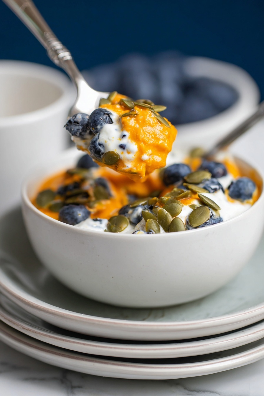 A white bowl filled with a layered dish showing dark blue blueberries at the bottom, topped with bright orange puree sprinkled with green pumpkin seeds, and small patches of white cream on top and around the edges. A spoon lifts a scoop from the bowl, displaying the orange puree with pumpkin seeds and some white cream on it. The bowl sits on stacked white plates against a white marbled surface in soft light. Photo taken with an iphone --ar 2:3 --v 7 - Sweet Potato Breakfast Bowl with Blueberries, healthy breakfast bowl recipes, nutritious breakfast ideas, easy plant-based breakfast, blueberry breakfast bowl
