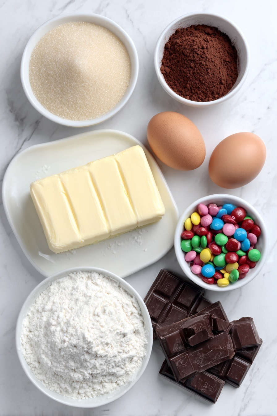 Flat lay of a small slab of unsalted butter, a few pieces of semi-sweet chopped chocolate, a small white bowl with light brown sugar, a small white bowl with granulated sugar, four whole uncracked brown eggs, a small mound of Dutch process cocoa powder, a small white bowl with vanilla extract, a small pile of all-purpose flour, a small handful of colorful M&M chocolate candies, a pinch of salt crystals placed near the cocoa powder, all arranged symmetrically on simple white ceramic dishes and bowls, placed on a clean white marble surface, soft natural light, photo taken with an iPhone, professional food photography style, fresh ingredients, white ceramic bowls, no bottles, no duplicates, no utensils, no packaging --ar 2:3 --v 7 --p m7354615311229779997 - M&M’s Brownies, chocolate brownies with M&Ms, easy brownie recipes, fudgy brownie dessert, colorful candy brownies