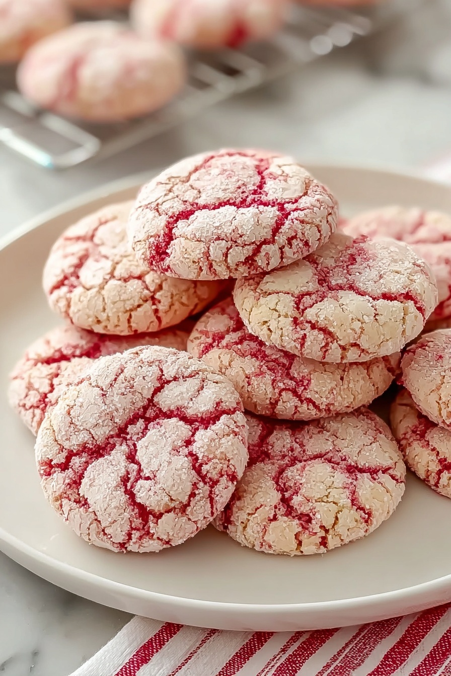 A white round plate holds about a dozen round cookies stacked in layers, each cookie showing a cracked sugary top with a light pink color and deeper red cracks and spots scattered throughout. The cookies have a soft rough texture from the sugar coating. The plate sits on a white marbled surface with a red and white striped cloth partially visible beneath the plate. In the blurred background, some cookies rest on a white cooling rack. Photo taken with an iphone --ar 2:3 --v 7 - Raspberry Sugar Cookies, raspberry sugar cookies recipe, fruity sugar cookies, soft raspberry cookies, easy raspberry cookies recipe
