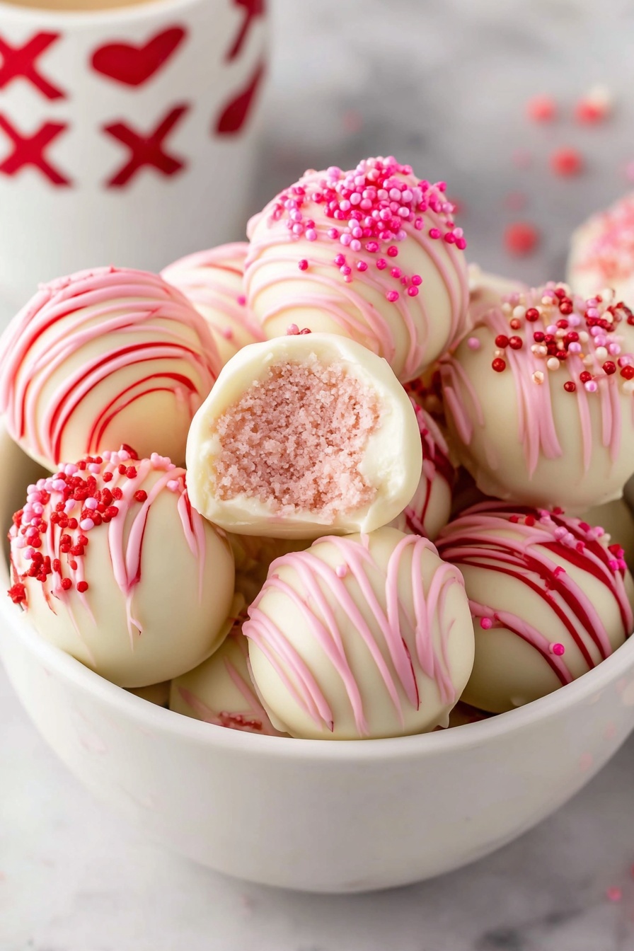 A white bowl full of round, white chocolate balls with different decorations. Some balls have pink and red small round sprinkles on top, some have pink and white stripes of chocolate drizzled over them. One ball is broken open showing a soft, pink inside crumbly texture. The bowl sits on a white marbled surface, with a blurry cup in the background that has red X's and O's on it. photo taken with an iphone --ar 2:3 --v 7 - Strawberry Cake Truffles, strawberry dessert ideas, quick strawberry treats, no-bake strawberry snacks, easy romance cakes