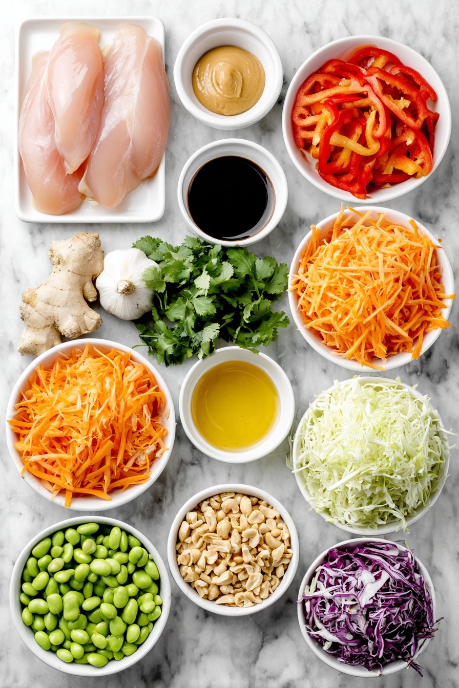 Flat lay of fresh raw chicken breasts with smooth pink flesh, a small white bowl of low sodium soy sauce, a small white bowl of golden toasted sesame oil, a small white bowl of light brown tahini paste, a small white bowl of clear rice vinegar, a fresh garlic bulb with a few peeled cloves, a piece of fresh ginger root partly grated, a small white bowl of bright red sriracha sauce, a small heap of pale beige sesame seeds, a mound of shredded purple cabbage, a mound of shredded green cabbage, a pile of shredded orange carrots, several vibrant red bell pepper strips, shelled fresh green edamame, diced green onions with bright white and green parts, a small bunch of fresh cilantro leaves, a small white bowl filled with roughly chopped raw peanuts, a small white bowl of creamy natural peanut butter, a small white bowl of golden honey, all arranged in perfect symmetry and balanced proportions on a clean white marble surface, soft natural light, photo taken with an iPhone, professional food photography style, fresh ingredients, white ceramic bowls, no bottles, no duplicates, no utensils, no packaging --ar 2:3 --v 7 --p m7354615311229779997 - Asian Chicken Crunch Salad, Asian Chicken Salad, Crunchy Asian Salad, Healthy Chicken Salad, Asian Dinner Ideas