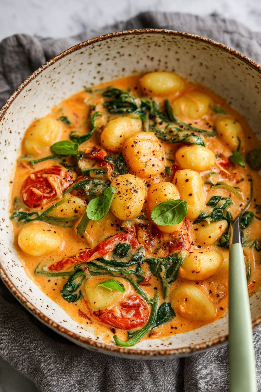 The image shows a bowl of creamy orange gnocchi dish with round gnocchi pieces mostly on top covered in orange sauce, mixed with pieces of wilted bright green spinach leaves and bits of red tomatoes. The dish has flecks of black pepper sprinkled all over. The bowl is large, white with speckled and brown rim, and sits on a grey cloth. A light green spoon handle is visible inside the bowl. The background is a white marbled texture. Photo taken with an iphone --ar 2:3 --v 7 - Creamy Roasted Tomato Gnocchi, vegan roasted tomato pasta, easy gnocchi dinner, dairy-free creamy sauce, comfort food with roasted tomatoes