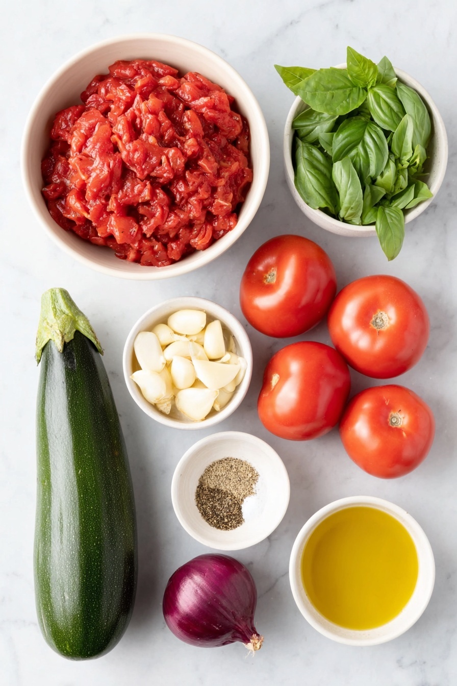 Flat lay of a medium white ceramic bowl filled with crushed bright red tomatoes, a small white ceramic bowl of golden extra virgin olive oil, a small white ceramic bowl of pale amber apple cider vinegar, a small white ceramic bowl with finely minced fresh garlic, fresh large green basil leaves neatly stacked, a small white ceramic bowl holding a mixed dried herbs de Provence spice blend, a small white ceramic bowl of fine white salt, a small white ceramic bowl of ground black pepper, a small white ceramic bowl with deep red chili powder, a medium whole sweet red onion with shiny purple skin, large fresh green zucchini sliced into rounds, a large whole Japanese eggplant with glossy dark purple skin, three whole ripe Roma tomatoes with vibrant red skin sliced, all arranged with perfect symmetry on a clean white marble surface, soft natural light, photo taken with an iPhone, professional food photography style, fresh ingredients, white ceramic bowls, no bottles, no duplicates, no utensils, no packaging --ar 2:3 --v 7 --p m7354615311229779997 - Baked Ratatouille with Fresh Vegetables, healthy vegetable casserole, easy vegetarian dish, summer vegetable recipe, comforting baked ratatouille