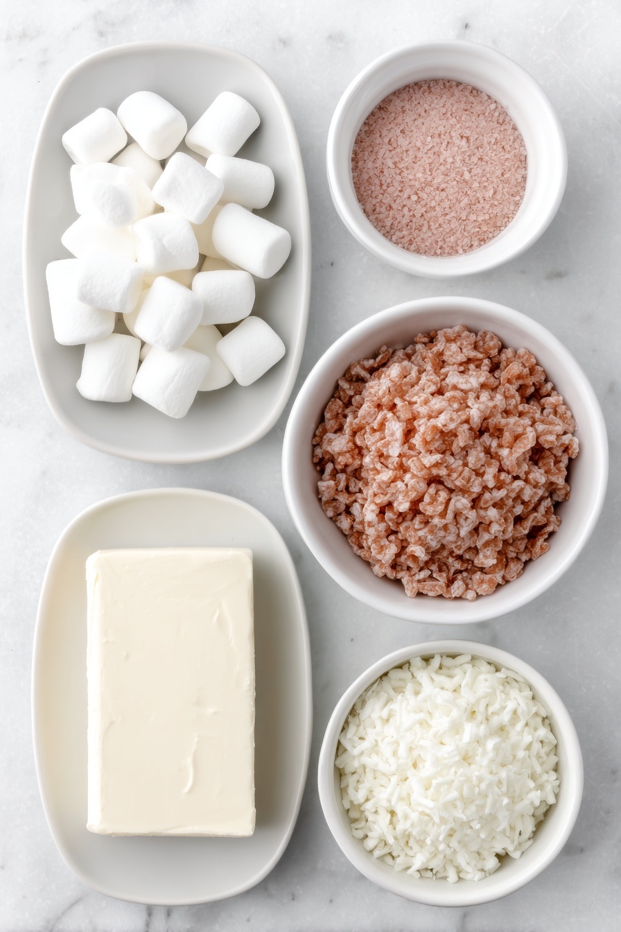 Flat lay of unsalted butter chunk, a small pile of mini white marshmallows, a small white bowl filled with fine pink freeze dried strawberry powder, a shallow mound of puffed rice krispie cereal, all arranged symmetrically in simple white ceramic bowls and plates placed on a clean white marble surface, soft natural light, photo taken with an iPhone, professional food photography style, fresh ingredients, white ceramic bowls, no bottles, no duplicates, no utensils, no packaging --ar 2:3 --v 7 --p m7354615311229779997 - Strawberry Rice Krispie Treat Hearts, fruity Rice Krispie treats, Valentines dessert recipes, easy festive treats, no-bake strawberry treats