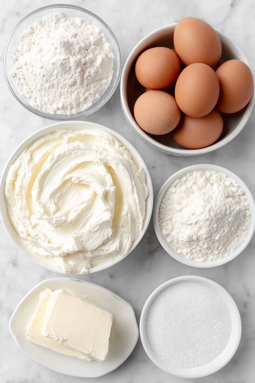 Flat lay of fresh cream in a small white ceramic bowl, whole brown eggs with clean shells arranged neatly, a small white ceramic bowl filled with white granulated sugar, a small white ceramic bowl containing golden translucent corn syrup, a small white ceramic bowl holding fine white corn starch powder, and a pinch of salt sprinkled on a white ceramic dish, all ingredients fresh and natural, perfectly balanced and symmetrical, placed on a clean white marble surface, soft natural light, photo taken with an iPhone, professional food photography style, fresh ingredients, white ceramic bowls, no bottles, no duplicates, no utensils, no packaging --ar 2:3 --v 7 --p m7354615311229779997 - Homemade Sweet Cream Ice Cream, easy vanilla ice cream, creamy homemade ice cream, classic homemade ice cream, no-churn ice cream