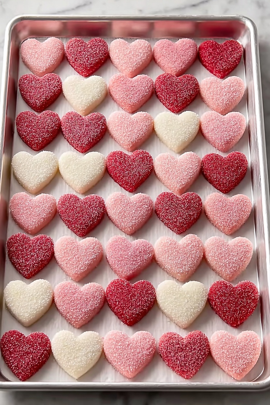 The image shows a white square dish full of heart-shaped candies in three colors: red, light pink, and white. Each candy has a slightly grainy sugar texture on the outside, making them look sparkly. The candies are stacked and scattered on the dish, with some overlapping each other. The background is a white marbled surface with a red cloth featuring white polka dots blurred behind the dish. photo taken with an iphone --ar 2:3 --v 7 - Valentine's Cream Cheese Mints, homemade Valentine candies, easy cream cheese mints, colorful Valentine treats, no-bake mint candies