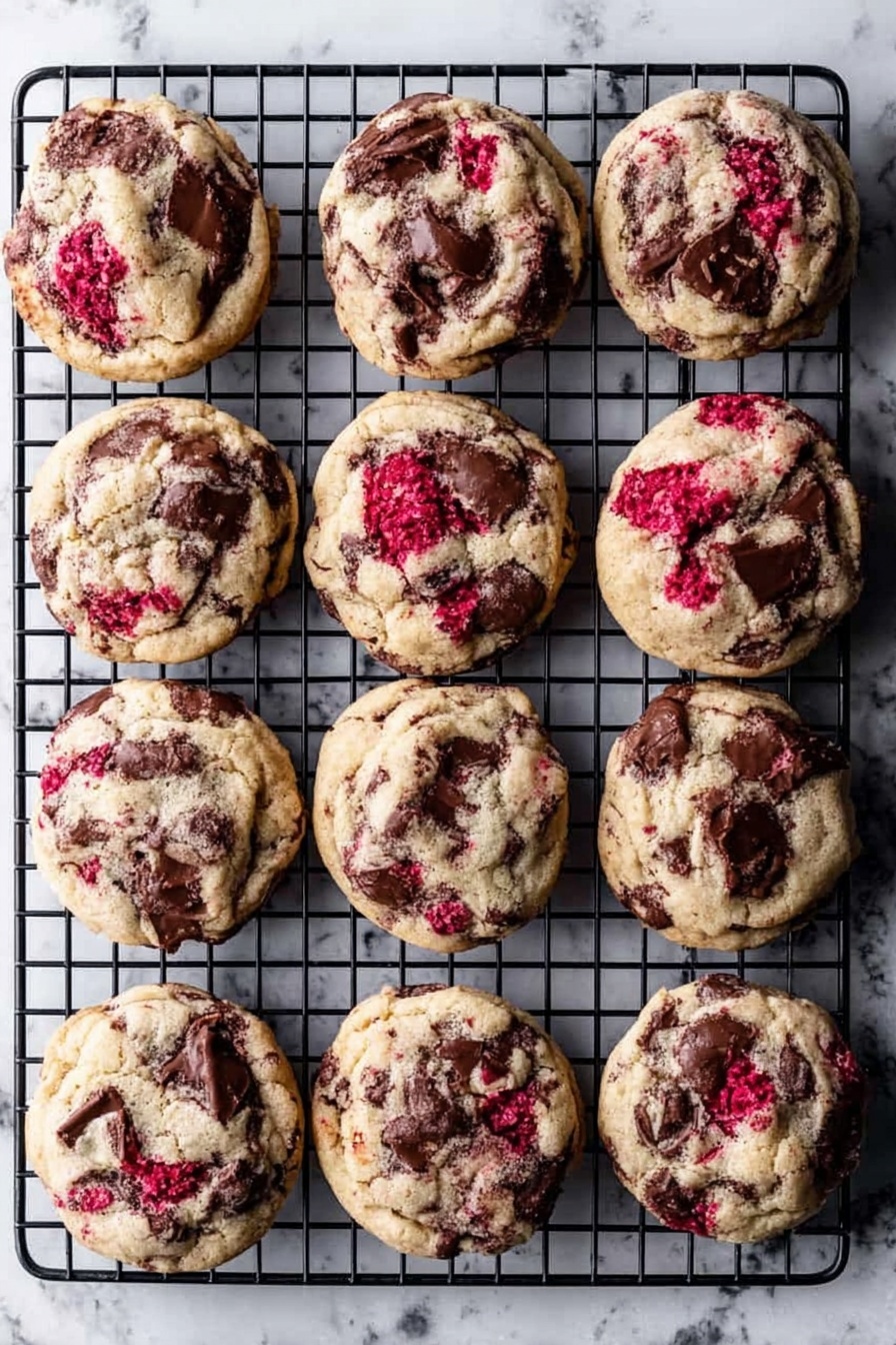 Twelve round cookies rest evenly spaced on a black cooling rack, showing a soft, slightly bumpy surface. Each cookie has a light tan color mixed with dark brown chocolate chunks and bright red raspberry bits scattered throughout. The cookies appear thick and chewy with chocolate pieces melting slightly into the dough, creating a marbled texture on top. The cooling rack sits on a white marbled surface, giving a clean contrast to the warm-toned treats. photo taken with an iphone --ar 2:3 --v 7 - Raspberry Chocolate Chunk Cookies, raspberry cookies with chocolate, easy raspberry chocolate cookies, chewy raspberry chocolate cookies, homemade raspberry chocolate cookies