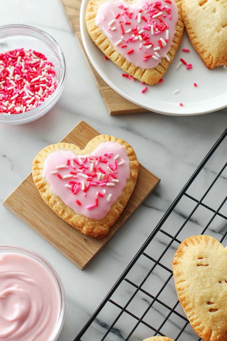 The image shows six small heart-shaped pastries arranged on a black cooling rack over a white marbled surface. Each pastry has two layers of golden-baked dough with fork-pressed edges. The top layer is decorated with light pink icing that covers most of the surface and drips slightly over the edges. On top of the icing, there are scattered red and darker pink sprinkles, adding texture and color contrast. A bit of the white marbled surface and part of a red and white cloth are visible in the bottom right corner. photo taken with an iphone --ar 2:3 --v 7 - Homemade Strawberry Pop Tarts, homemade pop tart recipe, strawberry pastry, easy breakfast treats, flaky homemade pop tarts