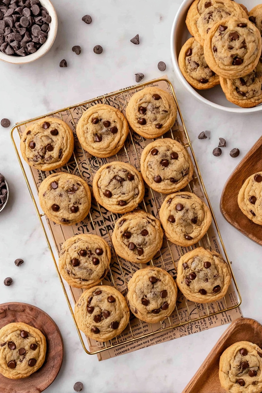 The image shows a close-up of a golden-brown cookie with a soft and slightly cracked texture, studded with dark chocolate chips both on top and inside. The cookie has a gooey, melted chocolate center that oozes out slightly where a piece is broken off. It sits on a sheet of printed parchment paper with parts of other cookies blurred in the background, all placed on a white marbled surface. photo taken with an iphone --ar 2:3 --v 7 - Brown Butter Sourdough Discard Chocolate Chip Cookies, sourdough discard cookies, chocolate chip cookie recipe, brown butter cookies, sourdough baking recipes