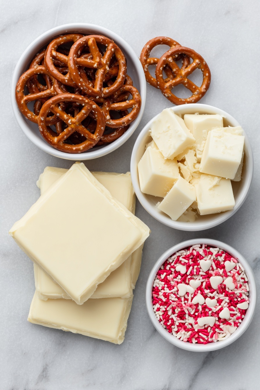 Flat lay of mini pretzels arranged neatly beside a small white ceramic bowl filled with smooth melted white chocolate almond bark, and another small white bowl holding vibrant red and pink heart-shaped sprinkles, all placed on a clean white marble surface, soft natural light, photo taken with an iPhone, professional food photography style, fresh ingredients, white ceramic bowls, no bottles, no duplicates, no utensils, no packaging --ar 2:3 --v 7 --p m7354615311229779997 - White Chocolate Pretzel Hearts, easy pretzel chocolate treats, salty sweet Valentine snacks, no-bake pretzel candies, festive chocolate pretzels