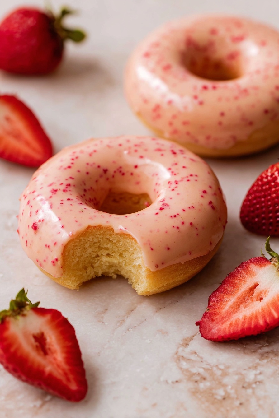 Two soft, round donuts sit on a light surface with a white marbled texture, each covered with a smooth pale pink glaze speckled with tiny red dots. One donut is whole, while the other has a single bite taken, revealing its fluffy, light yellow inside. Around the donuts, several bright red strawberries, some sliced in half showing their juicy, red and white interiors, add fresh color to the scene. Photo taken with an iphone --ar 2:3 --v 7 - Strawberry Glazed Donuts, homemade strawberry donuts, baked strawberry donuts, easy strawberry donut recipe, fruity glazed donuts