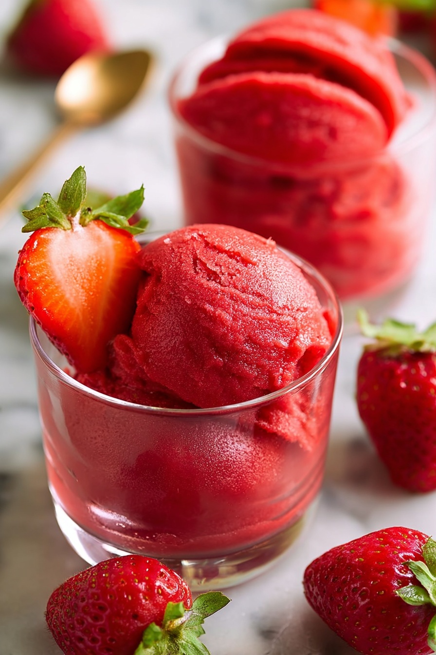 The image shows two clear glass cups filled with two scoops each of bright red strawberry sorbet. The top scoop in the front cup has a smooth, shiny texture with soft curves, while the bottom scoop has a denser, slightly rougher texture. Each cup is topped with a fresh red strawberry slice placed on the side, with the green leafy part still attached. Around the cups are several whole strawberries with green tops, all set on a white marbled surface. The background is blurred, focusing attention on the sorbet and fruit. photo taken with an iphone --ar 2:3 --v 7 - Easy Strawberry Sorbet, strawberry sorbet, homemade fruit sorbet, no ice cream machine sorbet, refreshing summer desserts