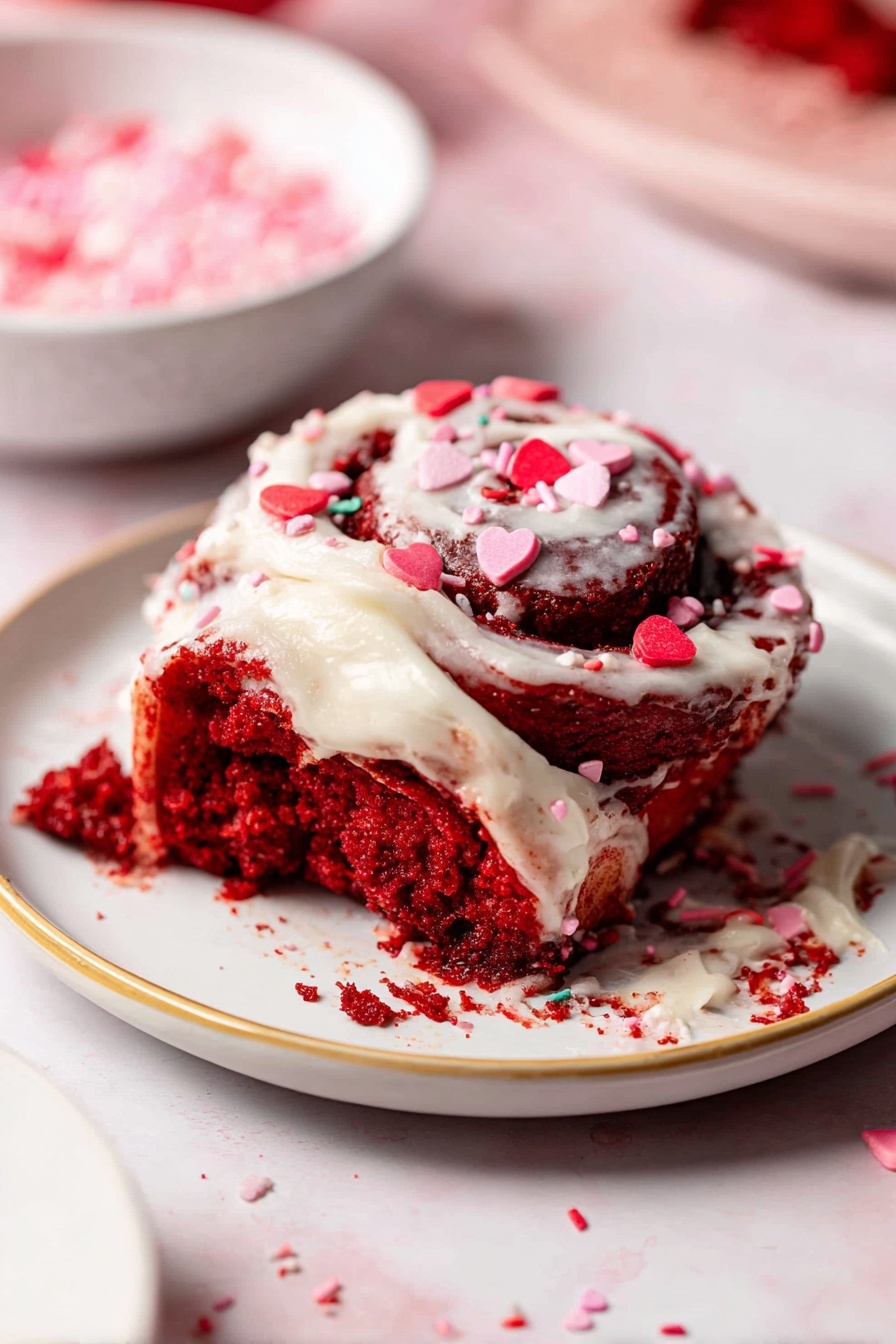 A close-up slice of red velvet cinnamon roll sits on a white plate with a gold rim, showing two visible layers of rich, red dough twisted into spirals. The top layer is thickly covered with creamy white icing that slightly melts over the edges and is dotted with red, pink, and white heart-shaped and sprinkle decorations. The cinnamon roll's texture looks soft and moist, with some crumbs scattered on the plate. The background has a white marbled texture with small sprinkles scattered around, and a blurred white bowl filled with more heart-shaped sprinkles is visible in the distance photo taken with an iphone --ar 2:3 --v 7 - Red Velvet Cinnamon Rolls with Cream Cheese Frosting, red velvet cinnamon rolls, cream cheese frosting cinnamon rolls, chocolate cinnamon roll recipe, decadent breakfast treats