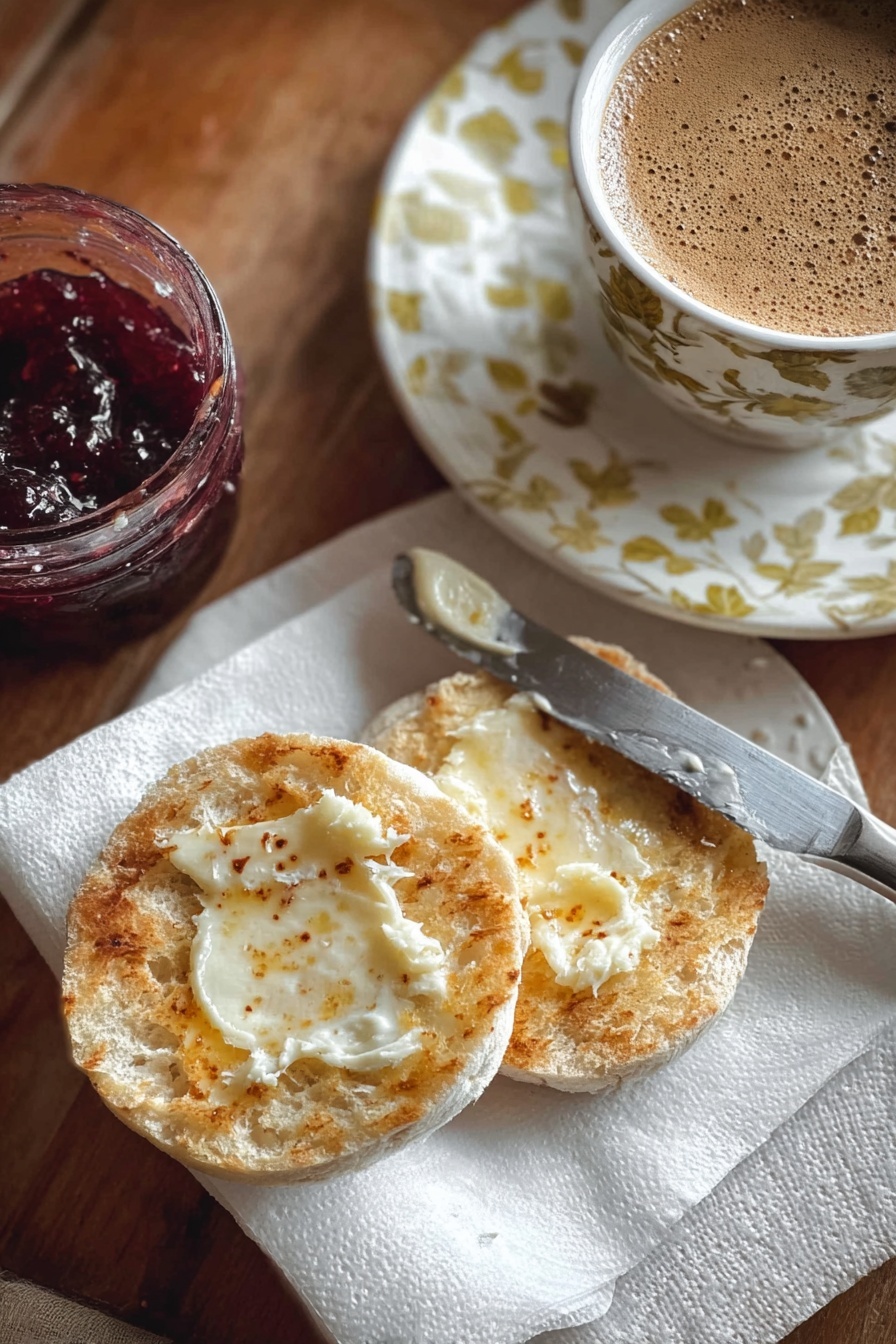 The image shows two halves of a toasted English muffin lightly spread with melted butter and some soft white spread. They rest on a white paper towel on a wooden table. To the right, there is a round white plate with a leafy green pattern, holding a small cup of coffee with frothy brown crema on top. A silver knife with white spread on its blade lies across the plate. Below the plate, a glass container filled with dark red jam is partially visible. The scene is warm and cozy, with a homely feel. photo taken with an iphone --ar 2:3 --v 7 - Homemade Sourdough English Muffirs, sourdough english muffins, how to make english muffins at home, homemade breakfast bread with sourdough, artisan sourdough muffins