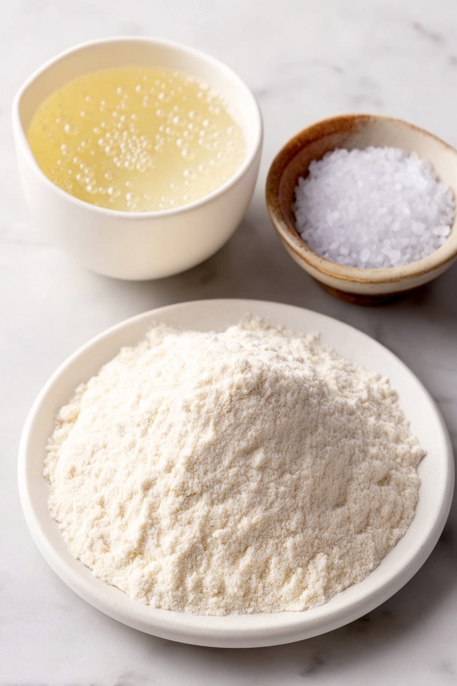 Flat lay of a small mound of unbleached bread flour on a simple white ceramic plate, a small white ceramic bowl of warm water with visible steam, a small white ceramic bowl containing bubbly sourdough starter with a slightly frothy texture, a few grains of coarse sea salt scattered neatly on a small white ceramic dish, arranged in perfect symmetry on a clean white marble surface, soft natural light, photo taken with an iPhone, professional food photography style, fresh ingredients, white ceramic bowls, no bottles, no duplicates, no utensils, no packaging --ar 2:3 --v 7 --p m7354615311229779997 - No-Knead Sourdough Bread, easy sourdough bread, beginner sourdough bread recipe, crusty homemade bread, foolproof sourdough baking