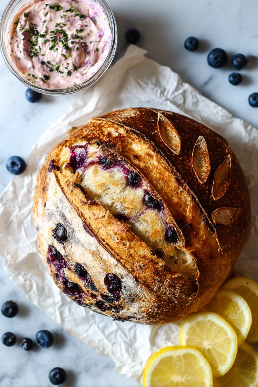 The image shows two slices of bread with a golden-brown crust and a soft inside filled with layers of purple-blue blueberries swirling through the dough. The bread has a light beige color with small air holes throughout. The blueberries create a vivid purple pattern that contrasts with the bread. The slices are placed on a crinkled white paper with a few loose blueberries scattered around. There are two lemon halves and two lemon slices nearby, adding a bright yellow color to the scene. The background is a white marbled texture. photo taken with an iphone --ar 2:3 --v 7 - Blueberry Lemon Sourdough Bread, blueberry lemon bread, sourdough bread with blueberries, lemon sourdough loaf, fruit-infused sourdough bread