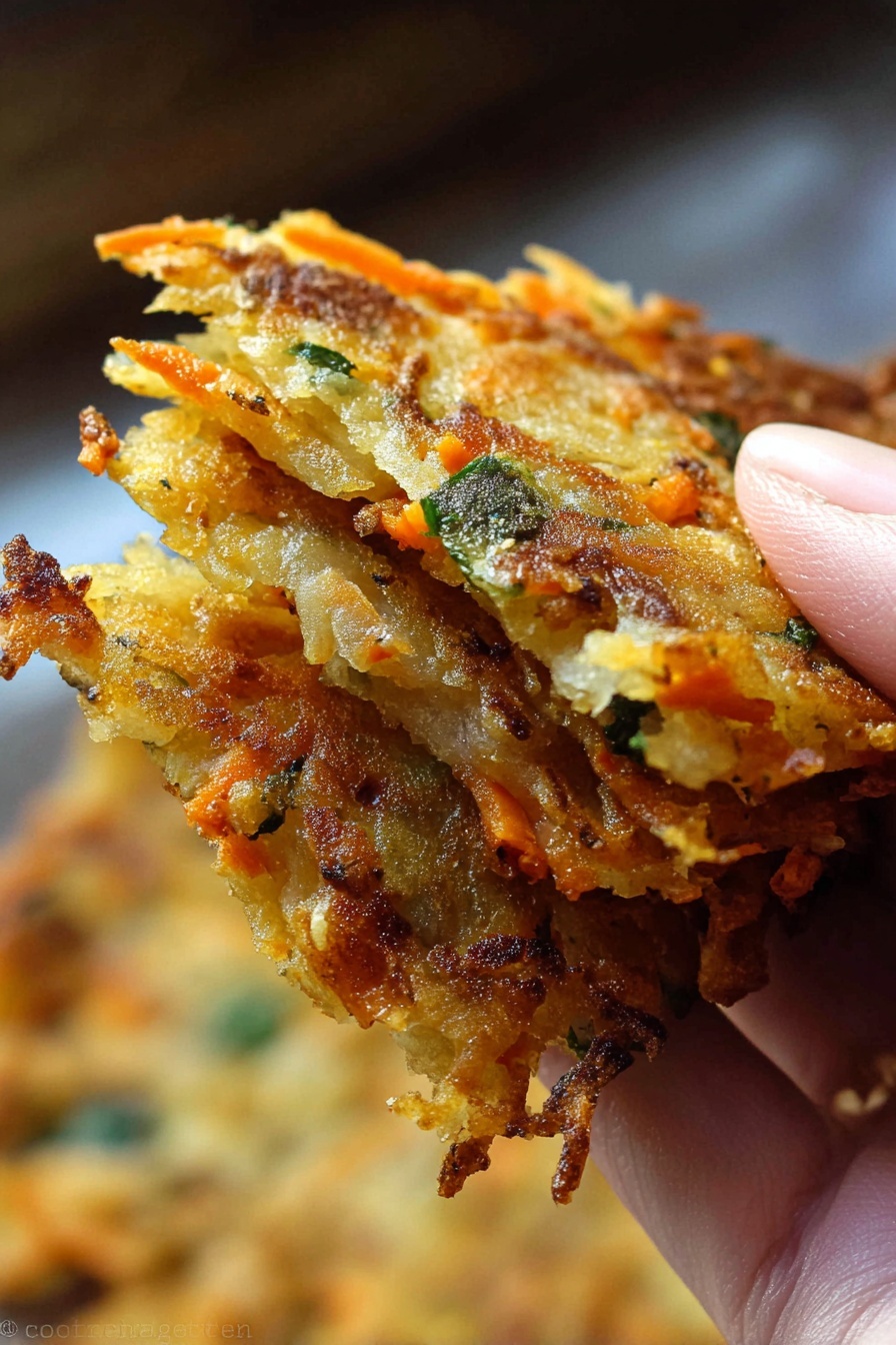 A close-up photo shows a woman's hand holding a golden-brown crispy vegetable pancake with small orange carrot pieces and green herbs visible in the thin fried layers. The pancake has a rough, crunchy texture with some browned and slightly darker spots, and the background is blurred with warm tones. Photo taken with an iphone --ar 2:3 --v 7 - Cabbage Fritters, veggie fritters, crispy cabbage pancakes, healthy cabbage snacks, easy fritter recipes
