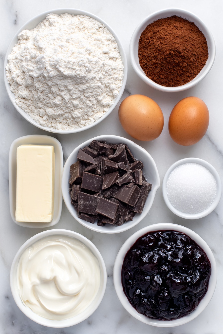 Flat lay of a small mound of all-purpose flour, a small pile of Dutch-process cocoa powder, a tiny heap of baking powder, a small pinch of coarse sea salt, a slab of unsalted butter softened, a neat pile of light brown sugar, a small heap of granulated white sugar, two whole uncracked brown egg yolks, a small white bowl with vanilla extract, a small white bowl filled with chopped dark chocolate, a small white bowl with heavy cream, a small white bowl of glossy cherry preserves, all ingredients arranged with perfect symmetry on a clean white ceramic surface, placed on a clean white marble surface, soft natural light, photo taken with an iPhone, professional food photography style, fresh ingredients, white ceramic bowls, no bottles, no duplicates, no utensils, no packaging --ar 2:3 --v 7 --p m7354615311229779997 - Chocolate Cherry Cookies with Ganache, chocolate cherry cookies, cherry ganache cookies, fudgy cherry cookies, decadent chocolate cherry treats