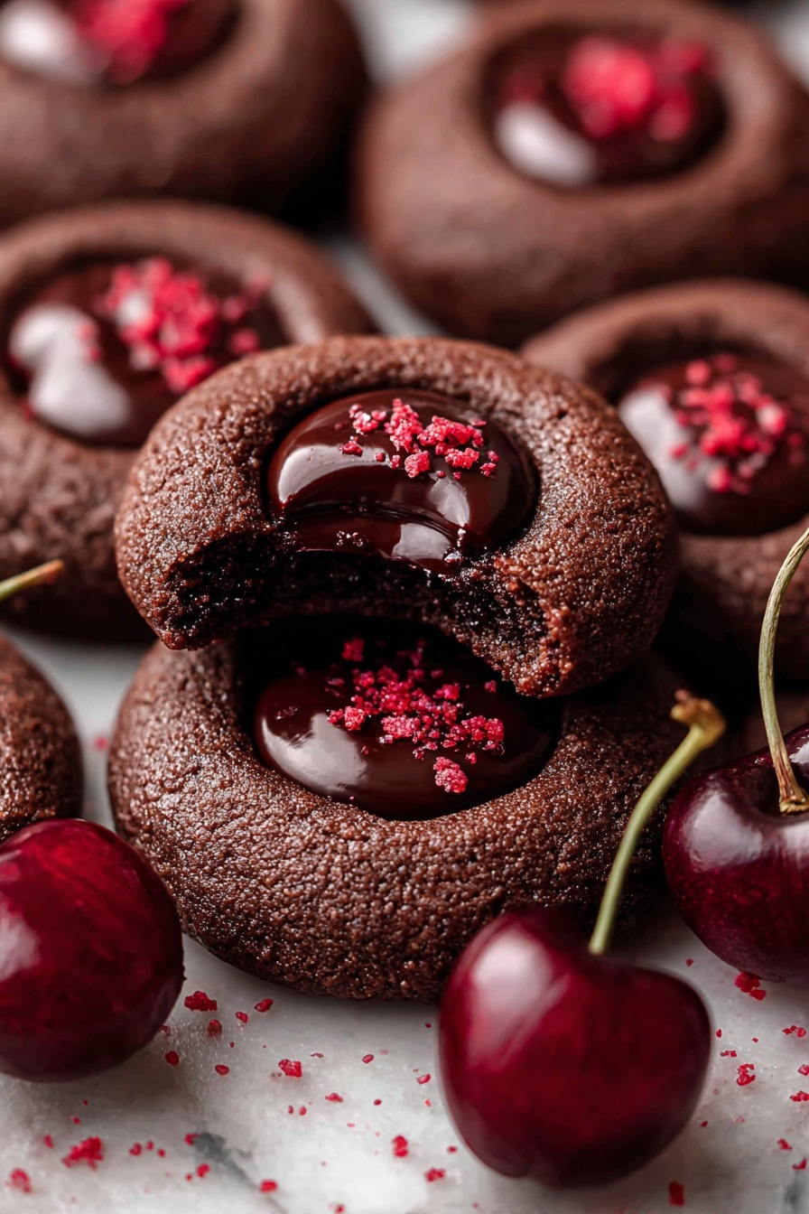 The image shows a close-up of several dark brown chocolate cookies with a smooth, glossy dark chocolate center in each cookie. Each cookie has a sprinkle of small red crumbs on top of the chocolate center. The cookies have a slightly rough texture on the edges and look soft inside, as one cookie on top is bitten, showing the gooey chocolate filling. Among the cookies are shiny, deep red cherries with long, thin stems. The cookies and cherries are placed on a surface with a white marbled texture. photo taken with an iphone --ar 2:3 --v 7 - Chocolate Cherry Cookies with Ganache, chocolate cherry cookies, cherry ganache cookies, fudgy cherry cookies, decadent chocolate cherry treats