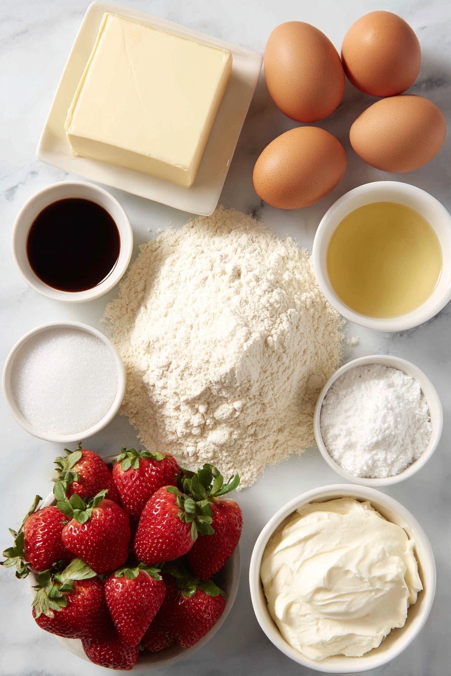 Flat lay of a small mound of all-purpose flour, a few sprigs of baking powder in powder form on the side, a small heap of salt crystals, a square of unsalted butter, a small white ceramic bowl filled with vegetable oil, a small white ceramic bowl of granulated sugar, a small white ceramic bowl with vanilla extract, four whole uncracked brown eggs, a small white ceramic bowl of milk, a pile of fresh whole strawberries with green caps, a small white ceramic bowl holding granulated sugar, a small white ceramic bowl filled with cold heavy whipping cream, a small white ceramic bowl of powdered sugar, and a small white ceramic bowl with vanilla extract placed on a clean white marble surface, soft natural light, photo taken with an iPhone, professional food photography style, fresh ingredients, white ceramic bowls, no bottles, no duplicates, no utensils, no packaging --ar 2:3 --v 7 --p m7354615311229779997 - Strawberry Shortcake Cake, strawberry shortcake cake recipe, layered strawberry cake, easy strawberry dessert, summer fruit cake