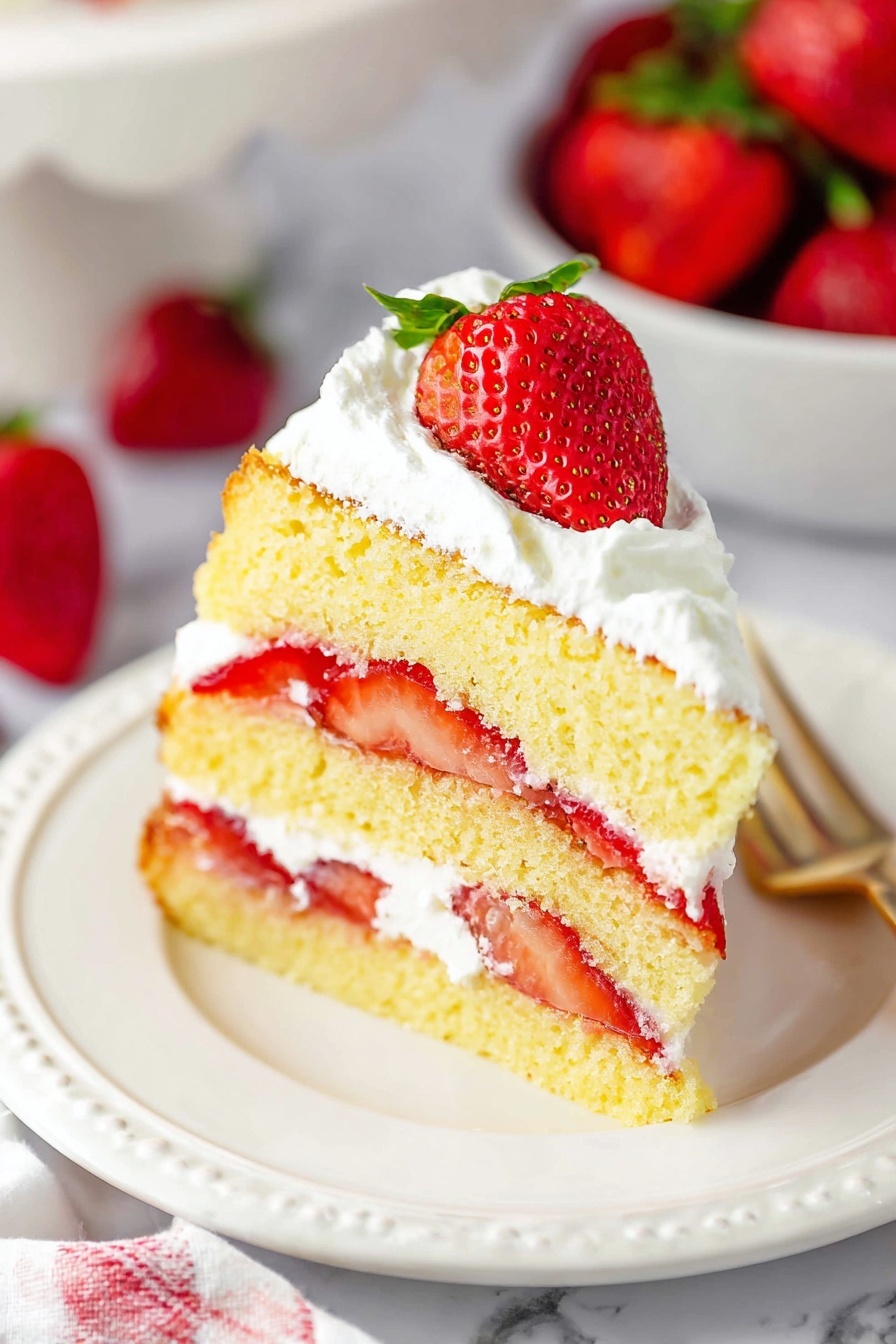 A three-layer yellow sponge cake is shown with white whipped cream spread between each layer and fresh bright red strawberry slices embedded in the cream. The top layer is covered with a thick swirl of white whipped cream, and whole fresh strawberries with green leaves are placed on top, evenly spaced. Two slices are cut from the cake, showing the soft texture of the sponge and the moist cream and fruit filling inside. The cake is on a white plate set on a white marbled surface, with a sliced strawberry lying in front. Photo taken with an iphone --ar 2:3 --v 7 - Strawberry Shortcake Cake, strawberry shortcake cake recipe, layered strawberry cake, easy strawberry dessert, summer fruit cake