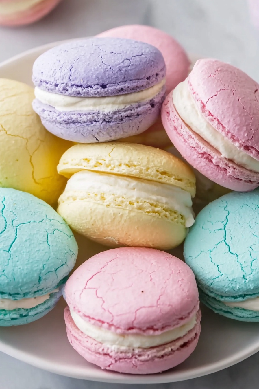 The image shows a close-up of seven colorful macaron sandwich cookies arranged on a white plate over a white marbled surface. Each macaron has two round, cracked shells with a smooth, creamy filling in between. The macarons are in pastel colors: two light purple, one light pink, one pale yellow, one light blue, and two more light purple. The shells have a slightly rough texture with visible cracks, and the creamy filling is thick and white, filling the space between the shells evenly. Photo taken with an iphone --ar 2:3 --v 7 - Pastel Sugar Cookie Sandwiches, colorful cookie sandwiches, vanilla filling sugar cookies, soft sugar cookie recipe, party-ready cookie treats