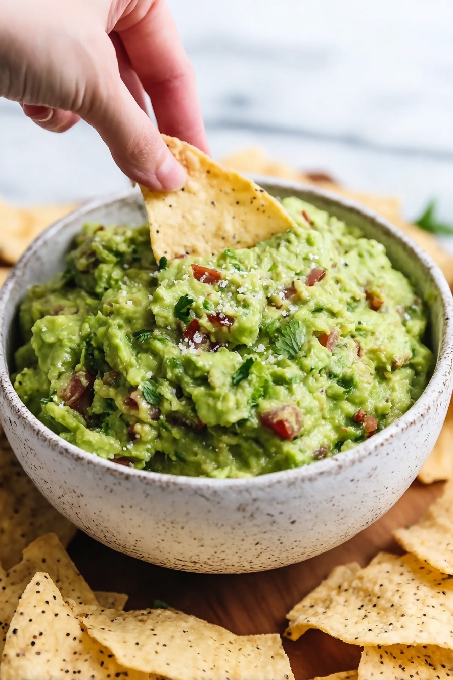 A white speckled bowl filled with chunky guacamole that has a bright green texture mixed with small pieces of red tomatoes and bits of green herbs, with a single light beige chip speckled with black seeds being dipped into the guacamole by a woman's hand. The bowl sits on a wooden surface surrounded by more chips of the same kind, all against a white marbled background. photo taken with an iphone --ar 2:3 --v 7 - Classic Guacamole, guacamole recipe, easy guacamole, homemade guacamole, healthy snack ideas