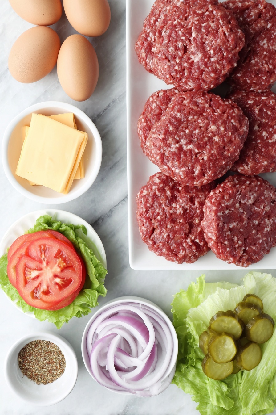 Flat lay of fresh raw ground chuck formed into round patties, a small white ceramic bowl of mixed dry spices including paprika and black pepper, a few whole brown eggs with clean shells, six soft golden hamburger buns, six square slices of creamy American cheese, crisp green lettuce leaves, thinly sliced bright red beefsteak tomato on a white ceramic plate, thinly sliced rings of red onion arranged neatly, six round pickle slices on a small white bowl, placed on a clean white marble surface, soft natural light, photo taken with an iPhone, professional food photography style, fresh ingredients, white ceramic bowls, no bottles, no duplicates, no utensils, no packaging --ar 2:3 --v 7 --p m7354615311229779997 - Perfect Grilled Hamburger, juicy burger recipe, easy grilled burger, flavorful hamburger tips, best homemade burger