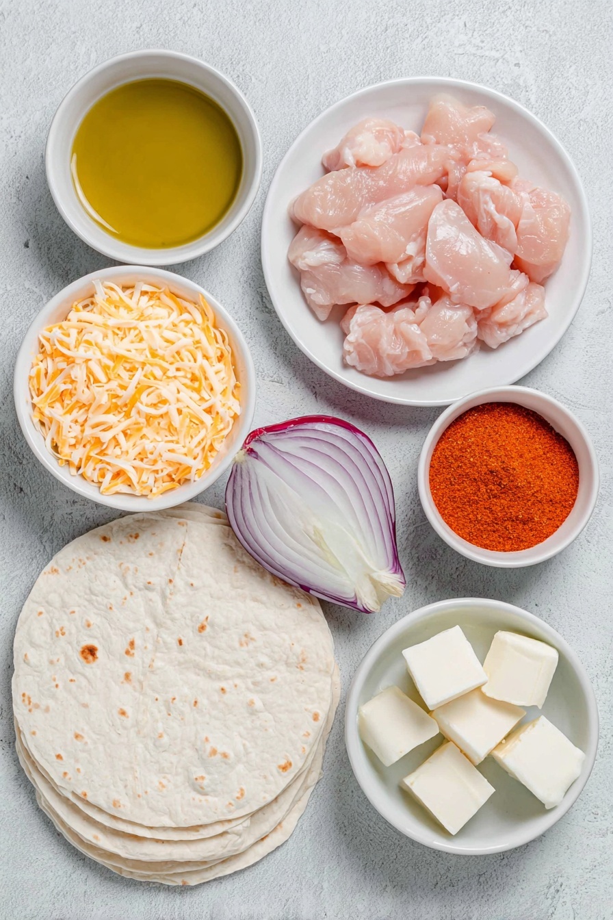 Flat lay of a small white ceramic bowl of golden cooking oil, a simple white plate with raw chicken breast pieces, a neat pile of bright orange-red taco seasoning powder on a small white bowl, half a large fresh red bell pepper diced, half a yellow onion diced with vibrant white and purple layers visible, a small white bowl holding creamy unsalted butter cubes, six soft white flour tortillas stacked evenly, and a small white ceramic bowl filled with shredded yellow and white Mexican cheese blend, placed on a clean white marble surface, soft natural light, photo taken with an iPhone, professional food photography style, fresh ingredients, white ceramic bowls, no bottles, no duplicates, no utensils, no packaging --ar 2:3 --v 7 --p m7354615311229779997 - Easy Chicken Quesadillas, chicken quesadillas recipe, cheesy quesadillas, quick dinner ideas, family-friendly Mexican food