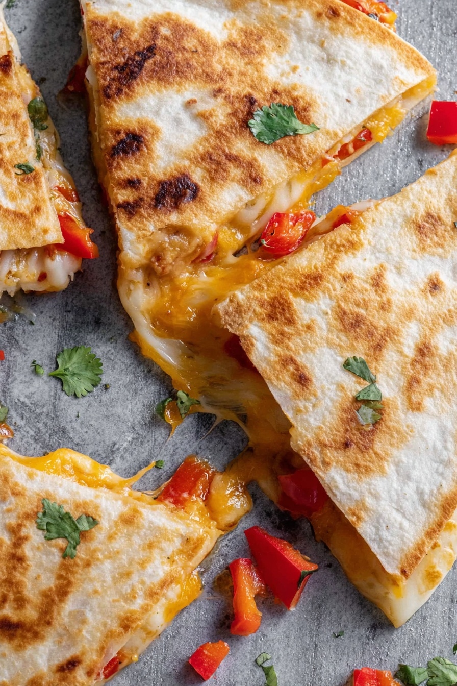 A close-up view of three triangular quesadillas sitting on a gray surface with melted orange-yellow cheese stretching between one open slice and the rest. The quesadillas have a golden-brown toasted tortilla layer on top, showing uneven char spots. Inside, you can see melted cheese with some red pieces of bell pepper, creating a melted, soft layer under the tortilla. Small green cilantro leaves and diced red bell peppers are scattered around the quesadillas on the surface. The scene feels warm and freshly cooked, with textures of toasted bread and gooey cheese. photo taken with an iphone --ar 2:3 --v 7 - Easy Chicken Quesadillas, chicken quesadillas recipe, cheesy quesadillas, quick dinner ideas, family-friendly Mexican food