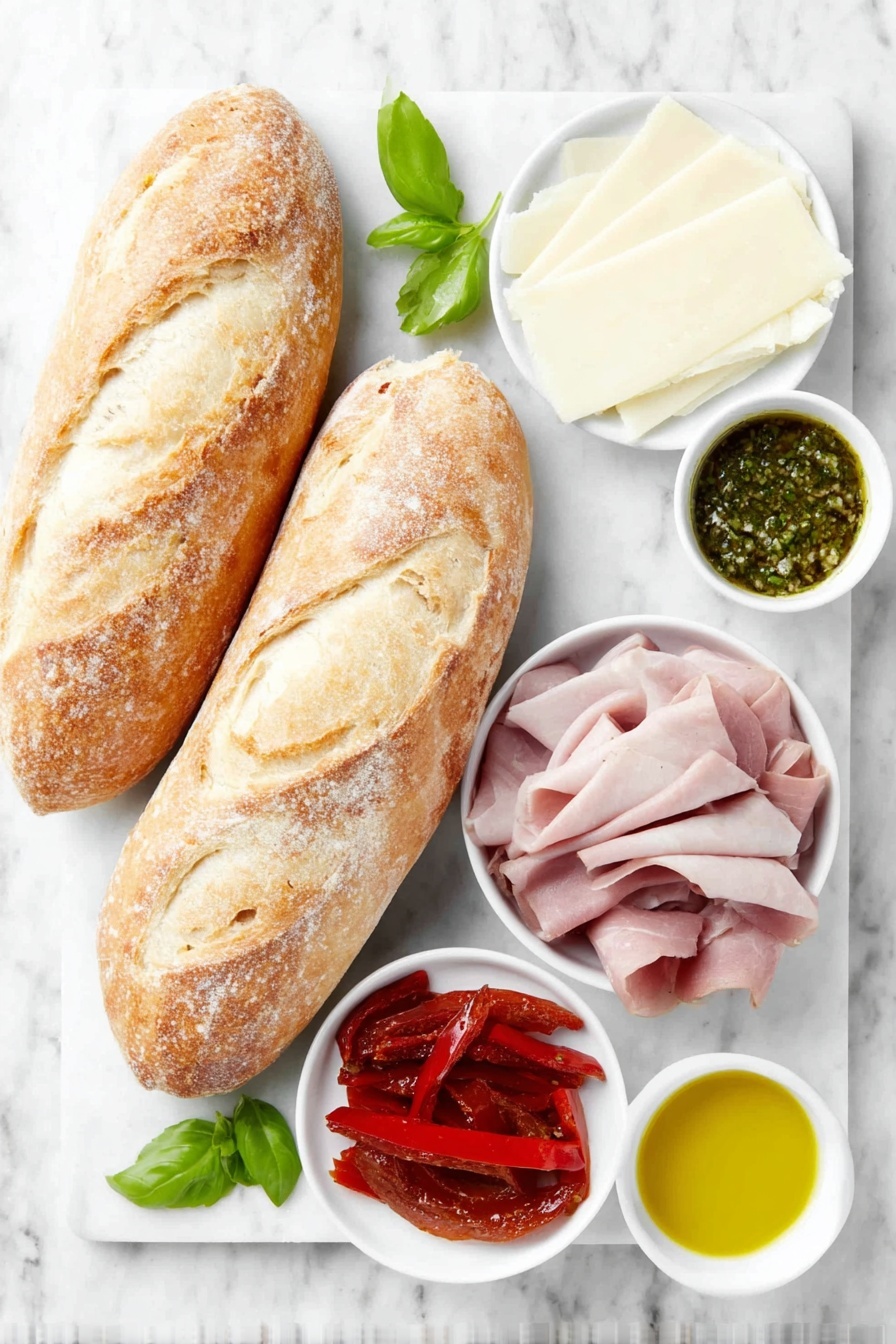 Flat lay of two halved ciabatta rolls with a golden crust, a few fresh green basil leaves beside a small white bowl filled with vibrant green basil pesto, a small white bowl holding glossy roasted red pepper strips, several slices of smooth pale provolone cheese, a neatly folded stack of pinkish deli turkey meat, and a small white bowl containing golden olive oil, all arranged symmetrically on simple white ceramic plates and bowls, placed on a clean white marble surface, soft natural light, photo taken with an iPhone, professional food photography style, fresh ingredients, white ceramic bowls, no bottles, no duplicates, no utensils, no packaging --ar 2:3 --v 7 --p m7354615311229779997 - Copycat Starbucks Turkey Pesto Sandwich, Starbucks turkey pesto sandwich copycat, homemade Starbucks turkey pesto, how to make turkey pesto sandwich, best turkey pesto sandwich