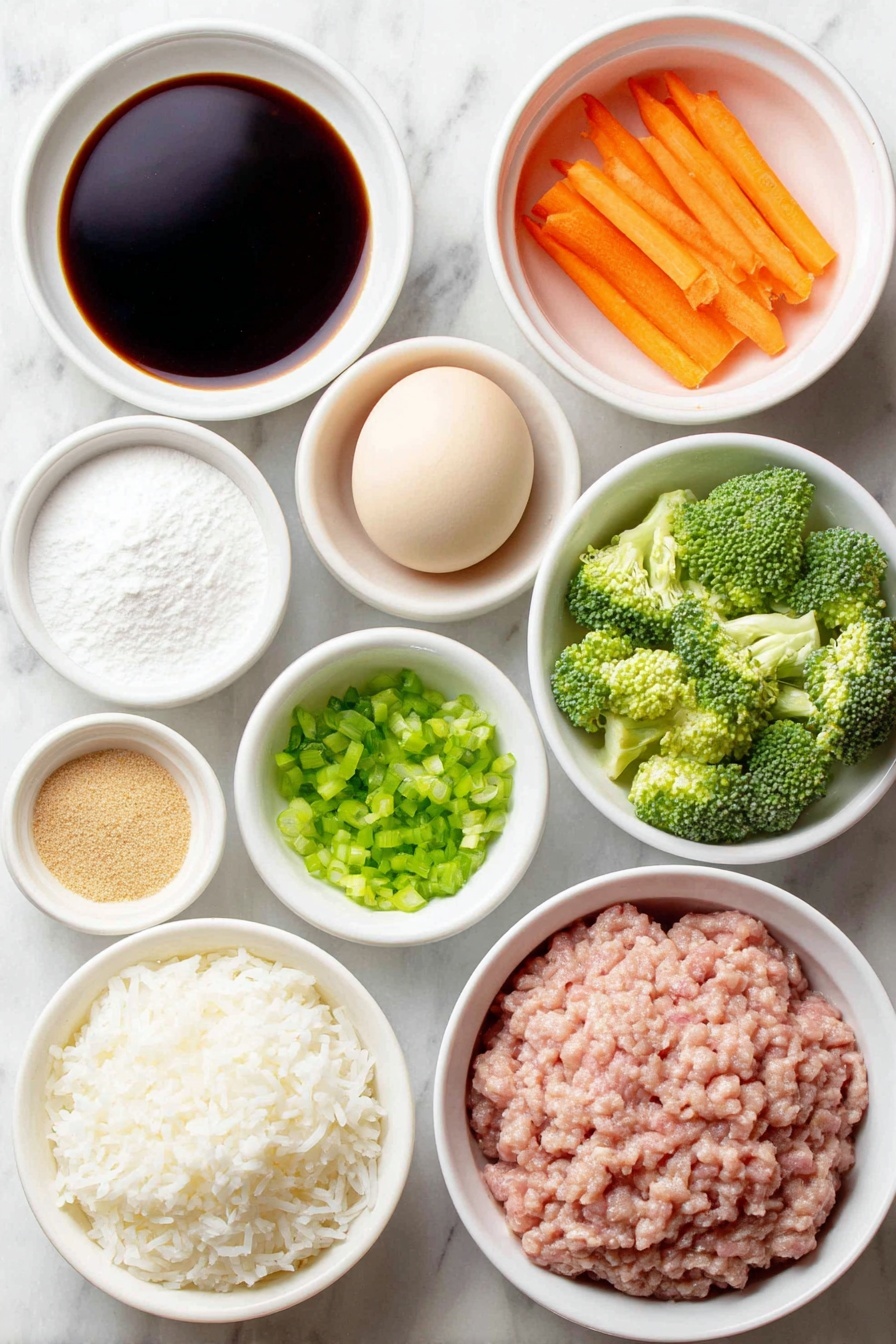 Flat lay of a small white ceramic bowl of low-sodium soy sauce, a small white ceramic bowl of water, a small white ceramic bowl of red wine vinegar, a small white ceramic bowl of brown sugar, a small white ceramic bowl of granulated sugar, a small white ceramic bowl of minced garlic, a small white ceramic bowl of ground ginger, a small white ceramic bowl of cornstarch, a small white ceramic bowl of warm water, a whole uncracked brown egg, a small white ceramic bowl of vegetable oil, a small white ceramic bowl of diced onion, a small white ceramic bowl of minced garlic, a mound of raw ground turkey, a small white ceramic bowl of finely chopped broccoli, two large peeled whole carrots, a small white ceramic bowl of diced green onions, a small white ceramic bowl of cooked white rice placed on a clean white marble surface, soft natural light, photo taken with an iPhone, professional food photography style, fresh ingredients, white ceramic bowls, no bottles, no duplicates, no utensils, no packaging --ar 2:3 --v 7 --p m7354615311229779997 - Teriyaki Ground Turkey Bowl, healthy ground turkey recipes, quick dinner ideas, easy weeknight meals, flavorful rice bowl recipes