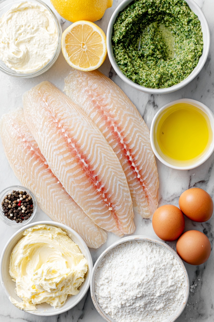 Flat lay of fresh raw tilapia fillets with pale pink flesh, a small drizzle of golden olive oil in a white ceramic bowl, a small white bowl of thick creamy heavy cream, another white bowl filled with vibrant green pesto, a white bowl containing clear low sodium chicken broth, a white bowl with fine white cornstarch powder, a freshly cut lemon half with bright yellow flesh, a few whole uncracked brown eggs, and small piles of coarse sea salt and cracked black peppercorns neatly arranged on a clean white marble surface, soft natural light, photo taken with an iPhone, professional food photography style, fresh ingredients, white ceramic bowls, no bottles, no duplicates, no utensils, no packaging --ar 2:3 --v 7 --p m7354615311229779997 - Pan-Fried Tilapia with Pesto Cream Sauce, quick fish dinner, easy seafood recipes, healthy tilapia dishes, flavorful fish recipes