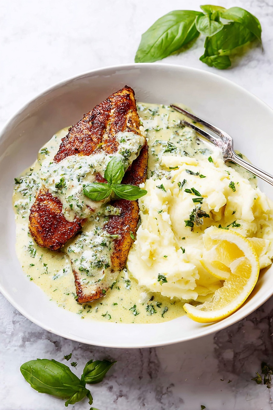 A white bowl holds two main parts: on the left, two browned fish fillets stacked slightly with a crispy texture, covered with a creamy pale green sauce dotted with fresh basil leaves and herbs; on the right, a light mound of mashed white potatoes topped with the same herb sauce and sprinkled with small green herbs. At the bottom right, two lemon wedges rest against the potatoes. The bowl sits on a white marbled surface with a few scattered basil leaves around. A silver fork rests inside the bowl near the lemon wedges. photo taken with an iphone --ar 2:3 --v 7 - Pan-Fried Tilapia with Pesto Cream Sauce, quick fish dinner, easy seafood recipes, healthy tilapia dishes, flavorful fish recipes