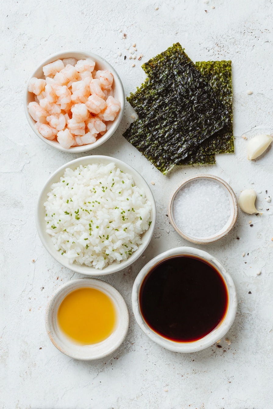 Flat lay of a small mound of shiny cooked sushi rice sprinkled with black and white sesame seeds and bits of green seaweed furikake, a white ceramic bowl filled with bite-sized raw chicken drumstick meat pieces marinated in a pale soy and sake mixture, a small white ceramic bowl containing dark glossy teriyaki sauce with a rich brown sugar sheen, a bunch of fresh minced garlic cloves arranged neatly beside a small pool of golden cooking oil in a white ceramic bowl, a single sheet of deep green shiny nori cut into small rectangles, a small white bowl holding fine white salt granules, all elements arranged symmetrically and balanced with realistic proportions, placed on a clean white marble surface, soft natural light, photo taken with an iPhone, professional food photography style, fresh ingredients, white ceramic bowls, no bottles, no duplicates, no utensils, no packaging --ar 2:3 --v 7 --p m7354615311229779997 - Chicken Teriyaki Onigiri, Japanese rice balls, savory onigiri filling, homemade onigiri recipe, portable Japanese snacks