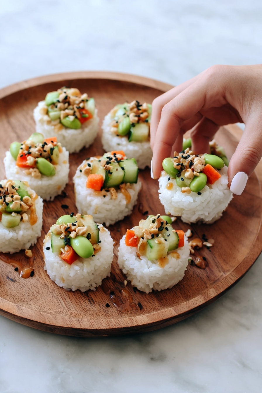 Seven small round cups made of white sticky rice form the base layer and are placed on a round wooden tray. Each rice cup holds a colorful topping made up of green edamame beans, small orange carrot pieces, light green cucumber chunks, and tiny bits of beige nuts, all sprinkled with black sesame seeds. Light brown sauce is drizzled both inside some rice cups and scattered around the tray, adding a glossy texture. A woman's hand with a light nail polish is gently picking up one of the rice cups from the right side of the tray. The background shows a white marbled surface. photo taken with an iphone --ar 2:3 --v 7 - Spicy Sushi Cups with Veggie Filling, sushi cups, veggie sushi bites, easy sushi recipes, flavorful sushi appetizer