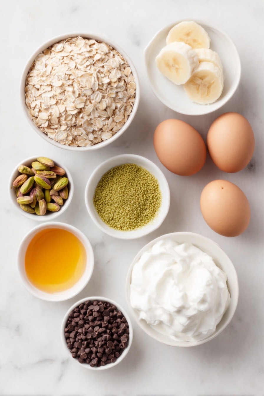 Flat lay of a small pile of rolled oats, a cup of plain Greek yogurt in a simple white ceramic bowl, a few tablespoons of bright green instant pistachio pudding powder in a small white bowl, a small white bowl filled with tiny black chia seeds, two whole uncracked brown eggs, a small white bowl of smooth honey with a golden hue, a few halves of fresh green pistachios scattered neatly, a perfectly peeled and sliced banana arranged in a fan shape, dark chocolate chips clustered in a small white bowl, and a dollop of fluffy whipped cream in another white ceramic bowl, all placed on a clean white marble surface, soft natural light, photo taken with an iPhone, professional food photography style, fresh ingredients, white ceramic bowls, no bottles, no duplicates, no utensils, no packaging --ar 2:3 --v 7 --p m7354615311229779997 - Creamy Pistachio Protein Overnight Oats, healthy overnight oats, high-protein breakfast, easy breakfast ideas, pistachio yogurt oats