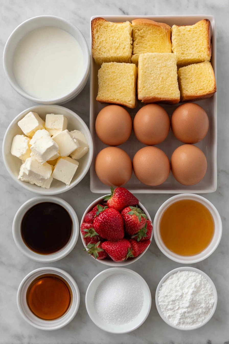 Flat lay of a sliced loaf of brioche bread in cubes, small cubes of cream cheese, fresh diced strawberries with some whole strawberries nearby, a cluster of twelve whole brown eggs with clean shells, a small white bowl of whole milk, a small white bowl filled with amber maple syrup, a small white bowl of vanilla extract, a small white bowl containing kosher salt, and a small white bowl of confectioners’ sugar, all arranged in perfect symmetry on a simple white ceramic surface, placed on a clean white marble surface, soft natural light, photo taken with an iPhone, professional food photography style, fresh ingredients, white ceramic bowls, no bottles, no duplicates, no utensils, no packaging --ar 2:3 --v 7 --p m7354615311229779997 - Baked Strawberries and Cream French Toast, strawberry French toast bake, baked breakfast recipes with strawberries, French toast casserole with strawberries, easy strawberry French toast