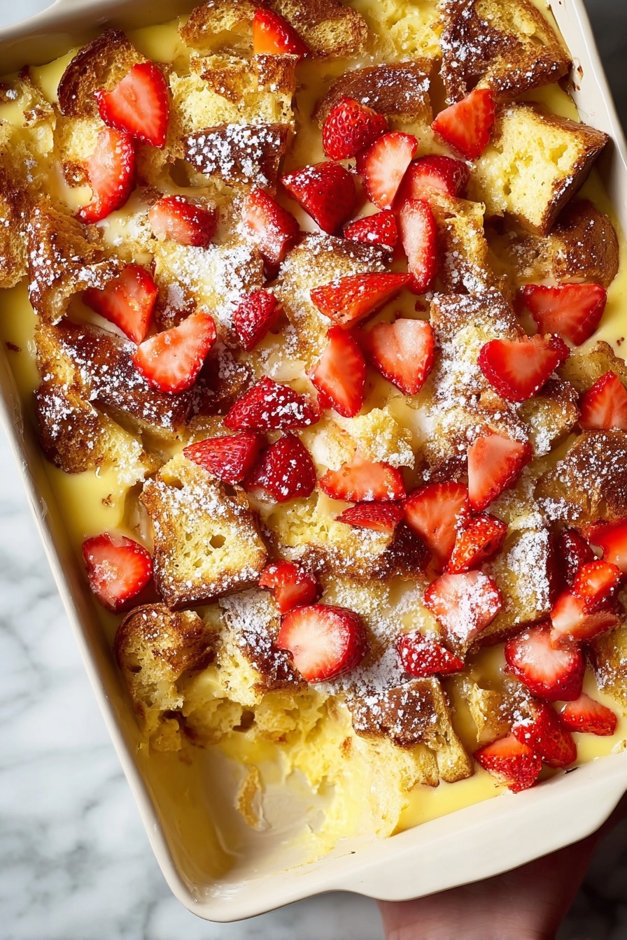 A deep white baking dish filled with several layers starting with toasted bread pieces that are golden brown and slightly crispy, topped with a thick creamy yellow custard layer that seeps into the bread, sprinkled with a light dusting of white powdered sugar across the surface. Fresh, bright red strawberry pieces are scattered evenly over the top, adding a fresh and juicy texture contrast. The dish is placed on a white marbled surface, and a woman's hand is holding the baking dish at the corner. photo taken with an iphone --ar 2:3 --v 7 - Baked Strawberries and Cream French Toast, strawberry French toast bake, baked breakfast recipes with strawberries, French toast casserole with strawberries, easy strawberry French toast