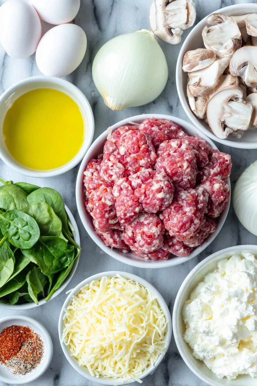Flat lay of a small white ceramic bowl with golden avocado oil, a mound of fresh raw ground sausage, half a small white onion roughly chopped, half a bright red bell pepper diced, a handful of sliced white mushrooms, a small pile of vibrant green roughly chopped fresh spinach, eight whole uncracked brown eggs arranged neatly, a small white bowl filled with creamy white cottage cheese, a small white bowl heaped with shredded bright orange cheddar cheese, and a small scattering of mixed garlic powder, paprika, salt, and black pepper spices, all placed symmetrically on a clean white marble surface, soft natural light, photo taken with an iPhone, professional food photography style, fresh ingredients, white ceramic bowls, no bottles, no duplicates, no utensils, no packaging --ar 2:3 --v 7 --p m7354615311229779997 - Meal Prep Breakfast Egg Muffins, healthy breakfast ideas, make-ahead egg muffins, easy breakfast recipes, nutritious breakfast meal prep