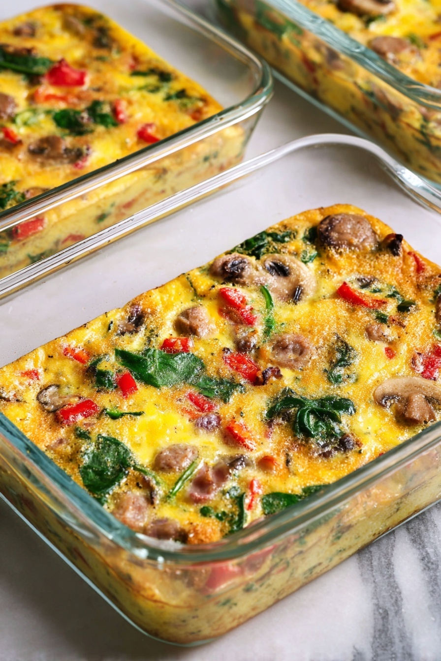 The image shows a rectangular glass baking dish filled with a baked egg casserole. The casserole has one visible thick layer filled with colorful ingredients, including yellow cooked eggs, green spinach leaves, red diced bell peppers, browned sausage pieces, and slices of brown mushrooms. The surface of the casserole is slightly browned with a texture that looks soft and moist. The dish is placed on a white marbled texture surface with part of another similar casserole dish visible in the background. Photo taken with an iphone --ar 2:3 --v 7 - Meal Prep Breakfast Egg Muffins, healthy breakfast ideas, make-ahead egg muffins, easy breakfast recipes, nutritious breakfast meal prep
