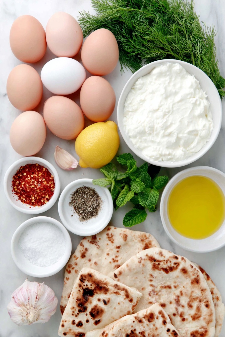 Flat lay of fresh whole white eggs with clean shells, a small white bowl of creamy whole milk Greek yogurt, a few sprigs of bright green fresh dill, a few sprigs of fresh mint, a small white bowl of golden extra virgin olive oil, half of a small fresh yellow lemon, a whole peeled garlic clove, a small white bowl of melted unsalted butter dusted with red Aleppo pepper flakes, a small white bowl of coarse flaky sea salt, a small white bowl of freshly ground black pepper, a small white bowl of distilled white vinegar, fresh rustic pita bread arranged neatly, placed on a clean white marble surface, soft natural light, photo taken with an iPhone, professional food photography style, fresh ingredients, white ceramic bowls, no bottles, no duplicates, no utensils, no packaging --ar 2:3 --v 7 --p m7354615311229779997 - Turkish Eggs with Herbed Yogurt and Butter Sauce, Turkish Eggs, Herbed Yogurt Eggs, Poached Eggs with Butter Sauce, Middle Eastern Breakfast Ideas