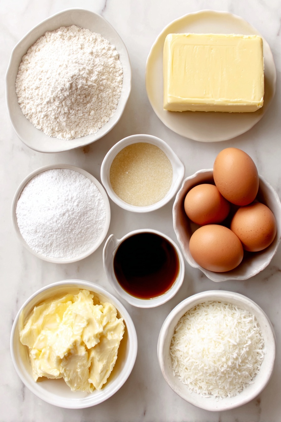 Flat lay of a small mound of all-purpose flour in a simple white ceramic bowl, a small white bowl with fine cornstarch powder, a tiny white bowl holding pale beige baking powder, a pinch of salt displayed loosely on a clean white ceramic dish, a large rectangular block of unsalted butter with a creamy pale yellow color on a white ceramic plate, a small heap of granulated white sugar in a white bowl, three whole brown eggs with smooth uncracked shells, a small white bowl containing clear pale vanilla extract, a dollop of glossy golden dulce de leche in a white bowl, and a small white bowl filled with snowy white desiccated coconut — all ingredients fresh and natural, arranged in perfect symmetry and balanced proportions, placed on a clean white marble surface, soft natural light, photo taken with an iPhone, professional food photography style, fresh ingredients, white ceramic bowls, no bottles, no duplicates, no utensils, no packaging --ar 2:3 --v 7 --p m7354615311229779997 - Chocolate Heart Sandwich Cookies, Heart-Shaped Alfajores with Dulce de Leche, Easy Chocolate Sandwich Cookies, Soft Cookies with Coconut Coating, Homemade Valentines Cookies