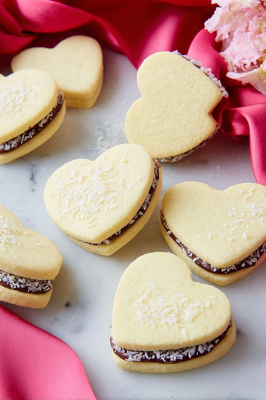 The image shows heart-shaped sandwich cookies on a white marbled surface. Each cookie has two pale yellow, smooth-textured cookie layers with a flat and slightly crumbly look. Inside, there is a middle layer of dark brown filling that appears soft and creamy, edged with small white sprinkles that look like shredded coconut. The cookies are scattered casually, some standing upright showing the side view of the sandwich, while others lie flat. Pink and red silky fabric pieces are draped around the cookies, adding a soft contrast to the white marbled background. photo taken with an iphone --ar 2:3 --v 7 - Chocolate Heart Sandwich Cookies, Heart-Shaped Alfajores with Dulce de Leche, Easy Chocolate Sandwich Cookies, Soft Cookies with Coconut Coating, Homemade Valentines Cookies